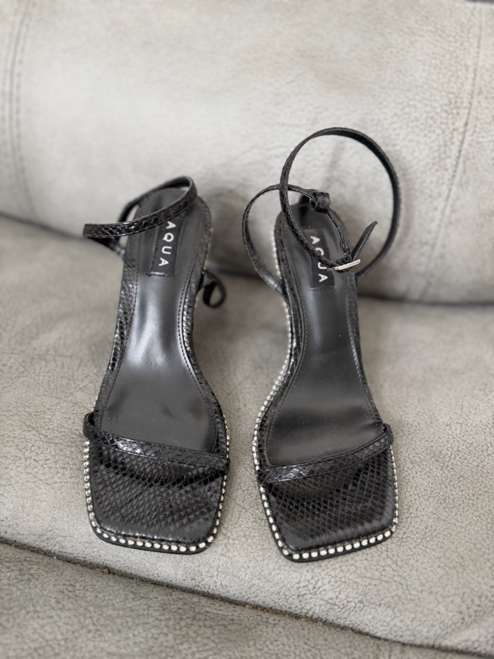 Aqua Black Embossed Ankle-Strap Heels with Rhinestone Border